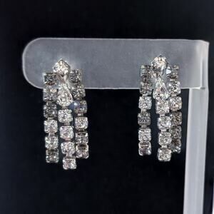 Vintage Screw On Earrings Clear Gem Dangle Earrings - 3 Strand